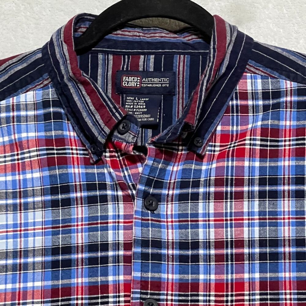 Vintage Y2K Faded‎ Glory Plaid Striped Shirt Mens Large 100% Cotton Button Down